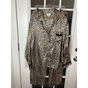Vintage Kathryn Leopard Print Satin Pajama Set 1XL Button Up Top Pants 90s